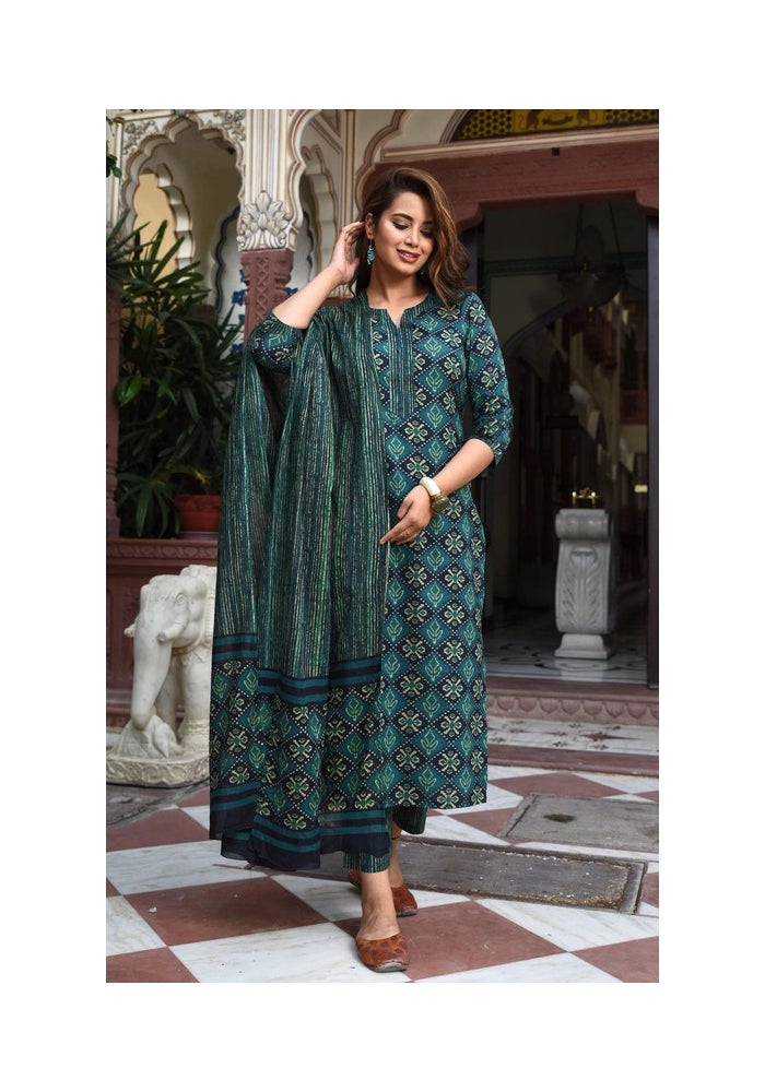 Malishka Export كُرتا بانت مطبوع باللون الأخضر مع دُفَتة للنساء - Image 1